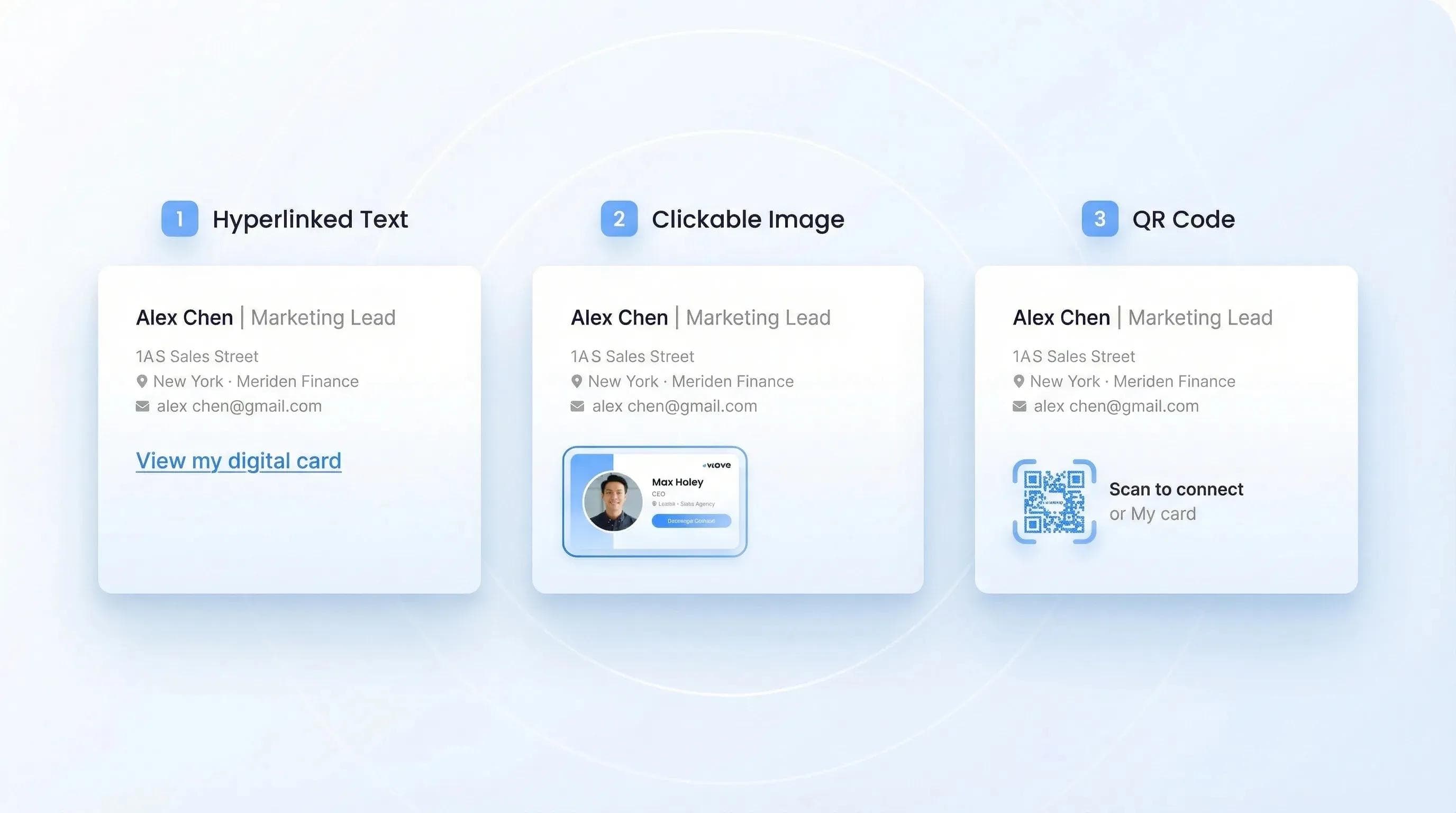 Trois méthodes pour ajouter une carte de visite numérique à sa signature d'e-mail : lien texte, vignette cliquable et code QR