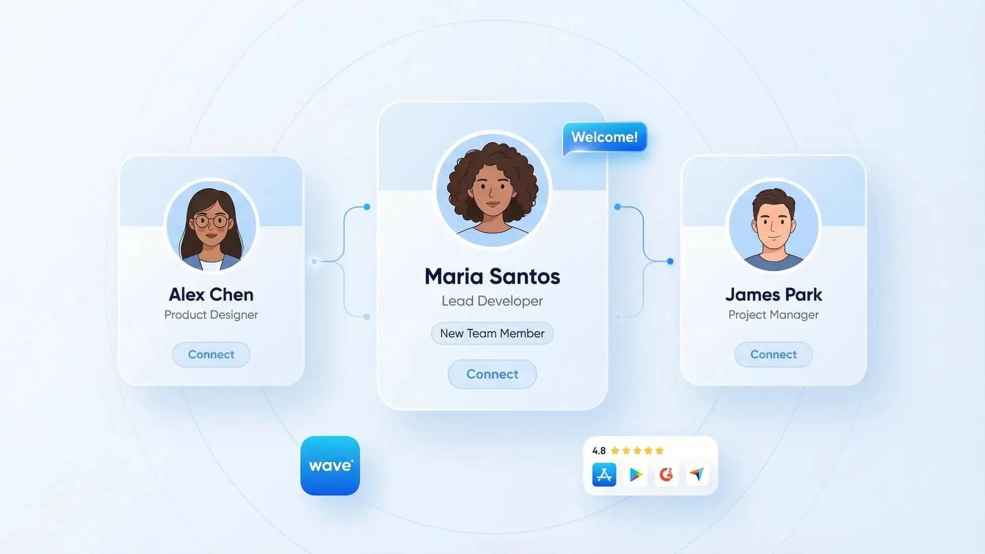 Présentation numérique d'équipe montrant trois fiches de profil connectées avec un badge Bienvenue