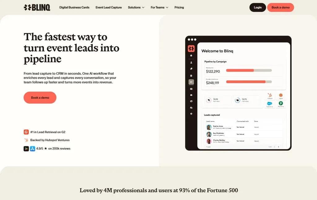 Page de capture de leads pour événements de Blinq.