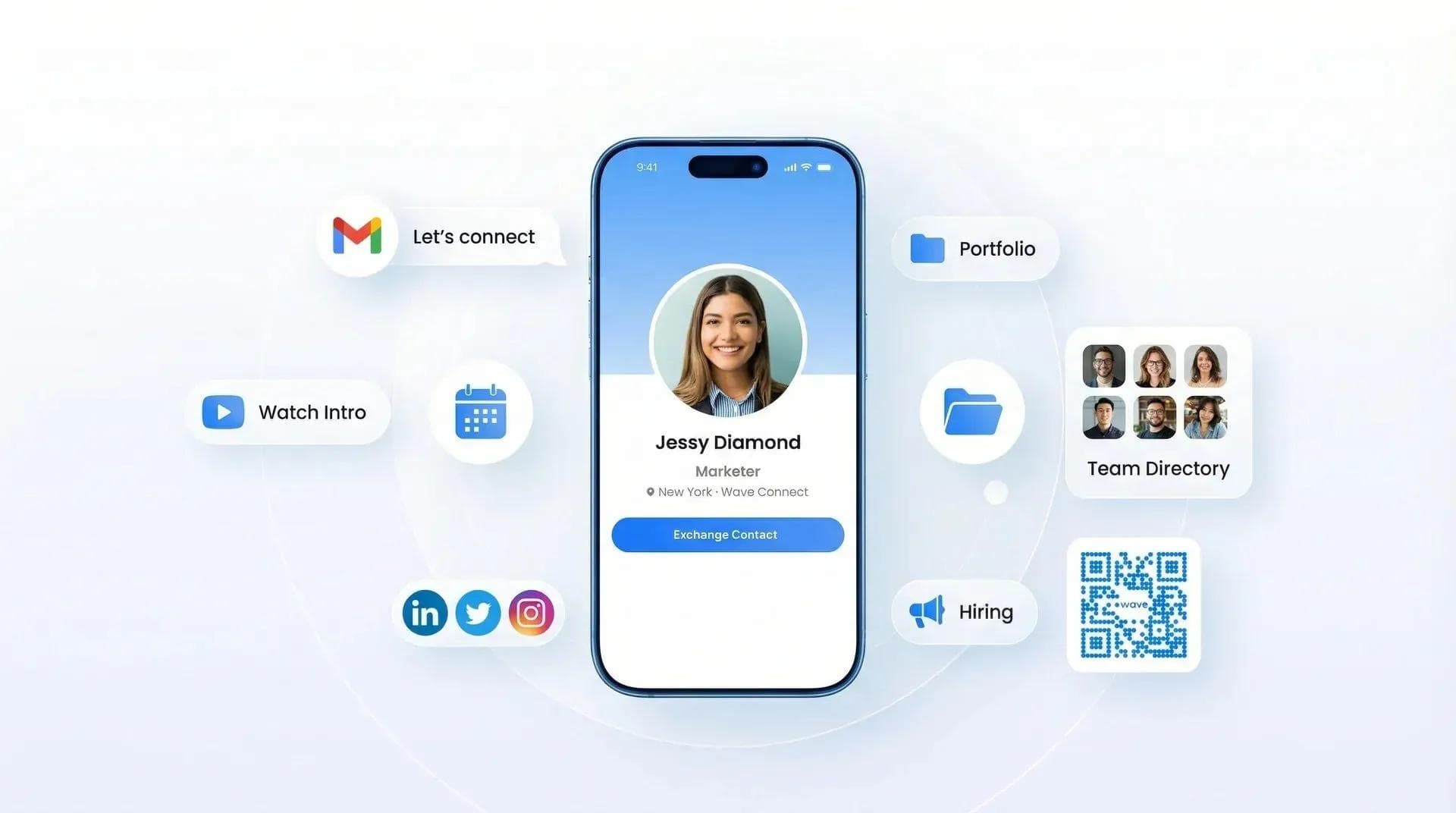 Wave digital business cards with multiple ways of sharing and icons surrounding the profile.