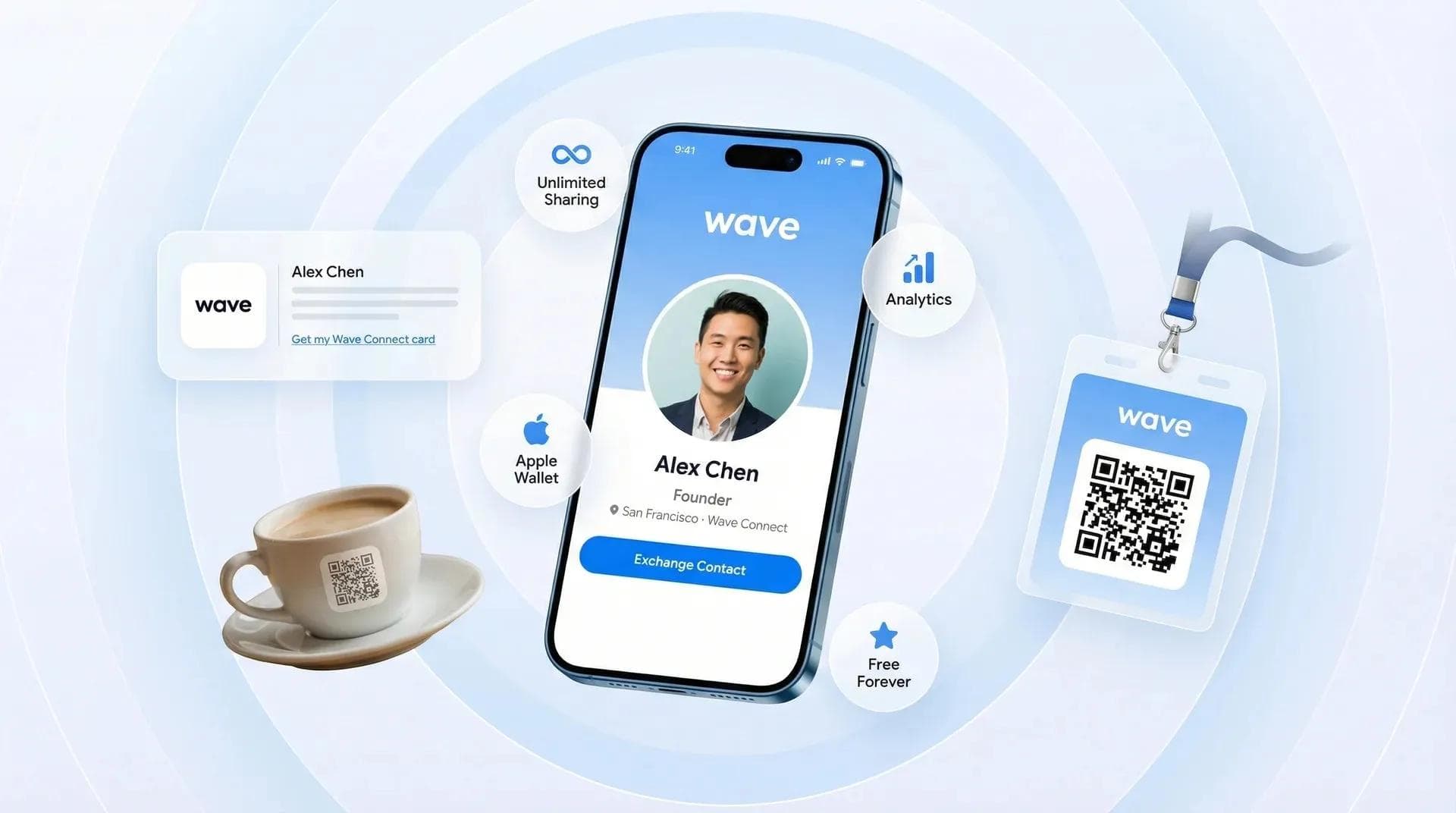 Profesional independiente utilizando la tarjeta de visita digital gratuita de Wave con firma de correo electrónico en un encuentro informal y con credencial para conferencias