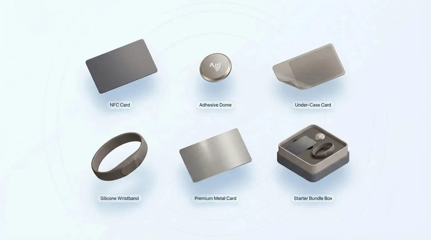 أشكال أجهزة NFC الستة من Dot Card وتشمل البطاقة والملصق وسوار المعصم والبطاقة المعدنية