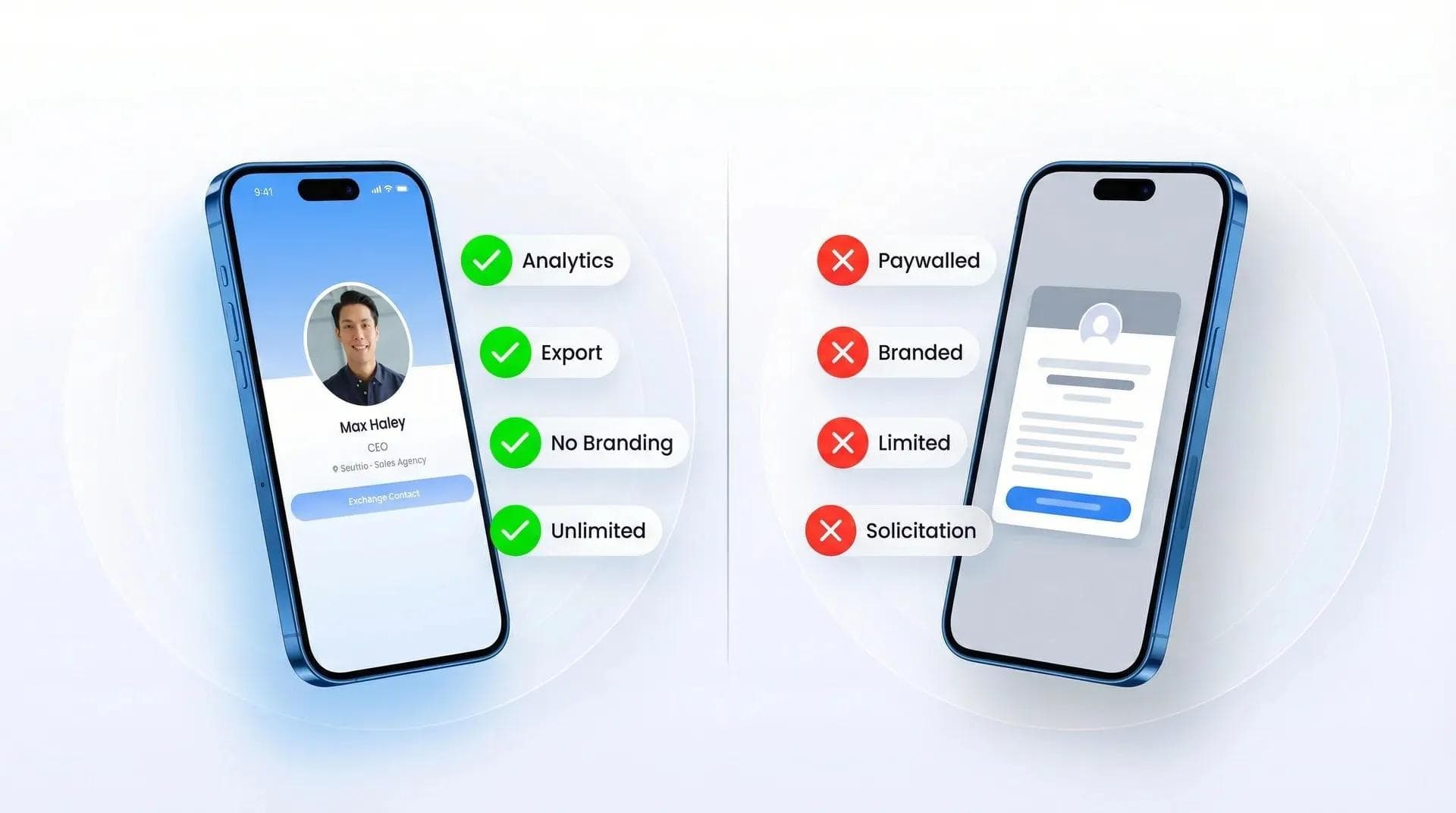 Plan gratuito de Wave con marcas de verificación verdes para analíticas, exportación y sin marcas frente al plan gratuito de la competencia con cruces rojas por funciones de pago