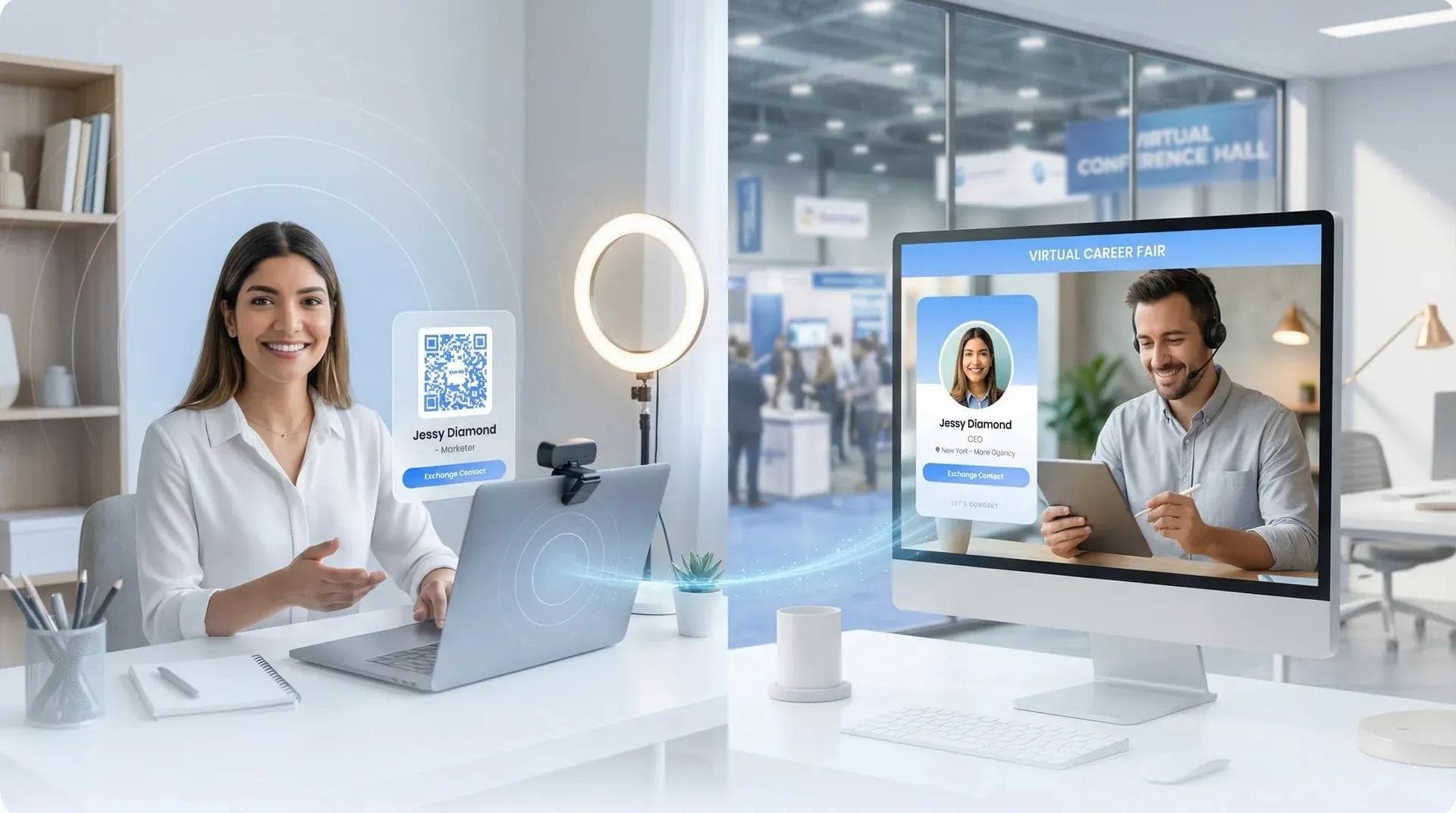 Virtual career fair attendee connecting with employers through digital business cards online