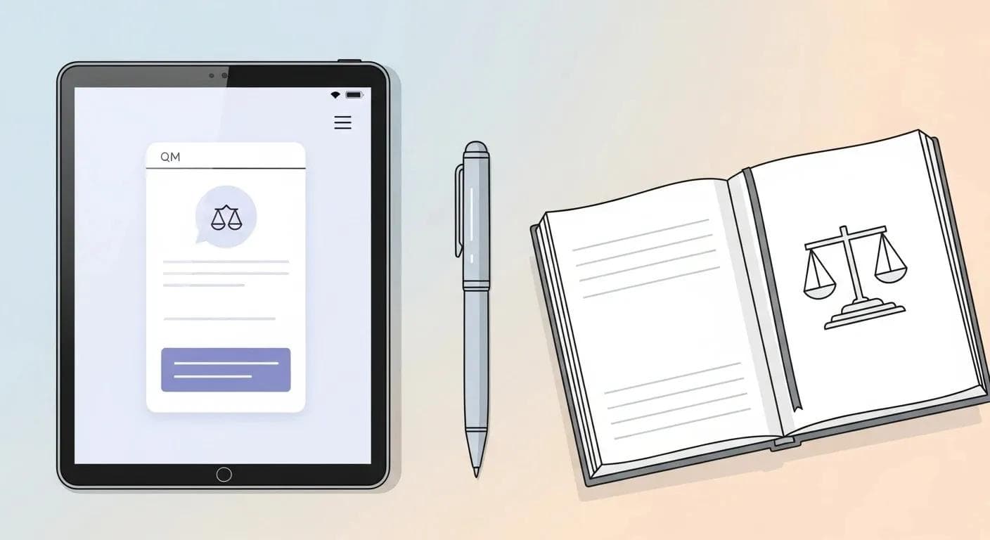 Collage mit Netzwerk-Alternativen für Anwälte: Tablet mit App, Kugelschreiber mit Branding, Notizbuch mit Logo. Klares SaaS-Design.