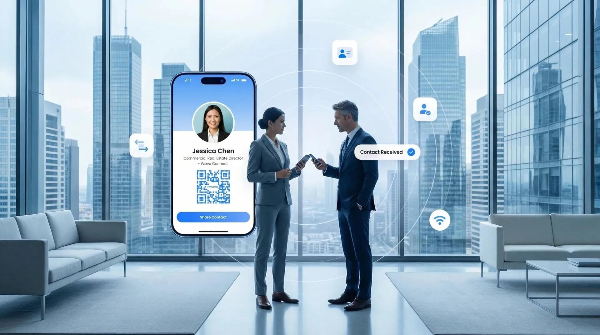 Commercial real estate professionals sharing digital contact cards at a CRE expo