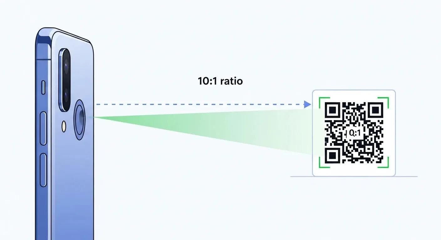 Diagramm zur 10:1-Abstandsregel beim Scannen von QR-Codes für verschiedene Entfernungen