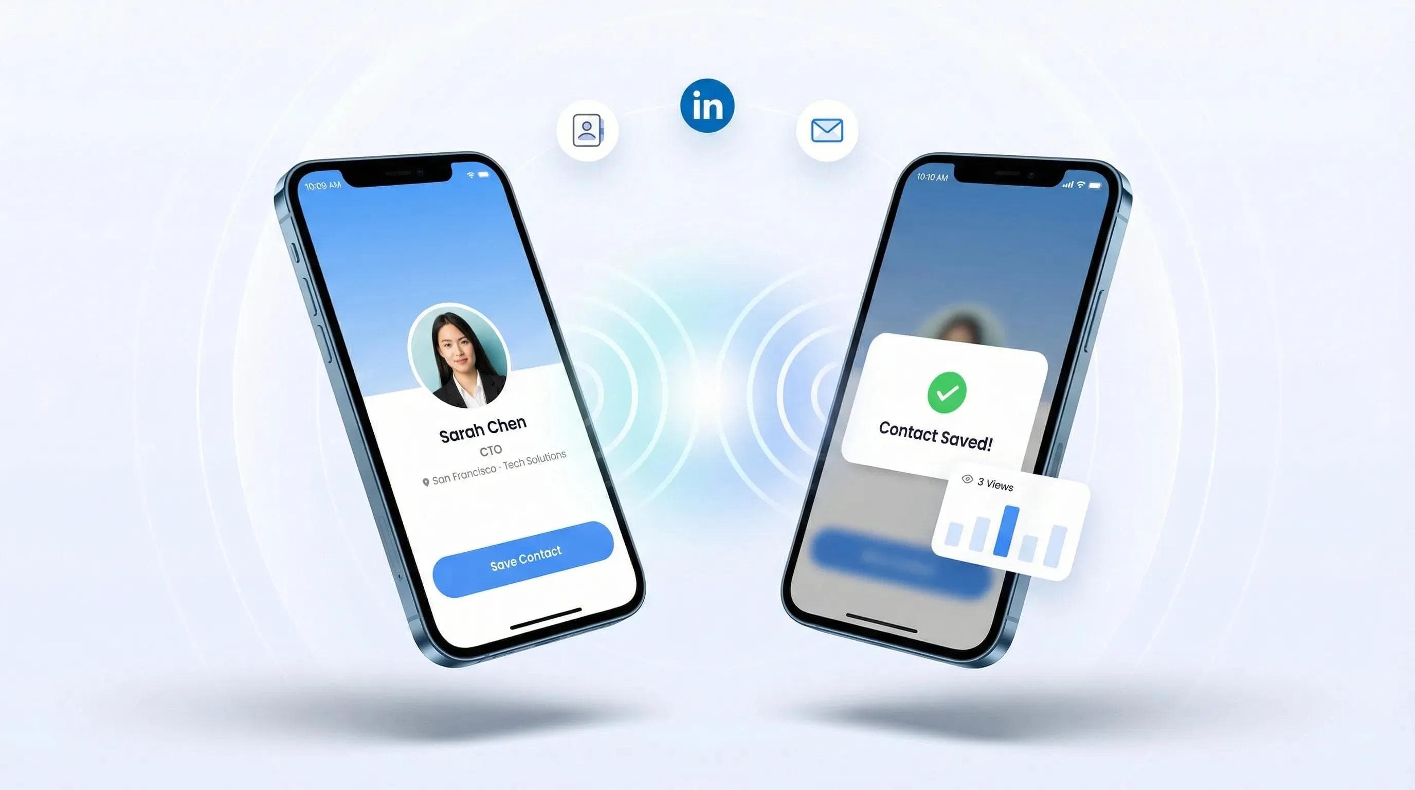 Two smartphones exchanging digital business cards at a tech conference