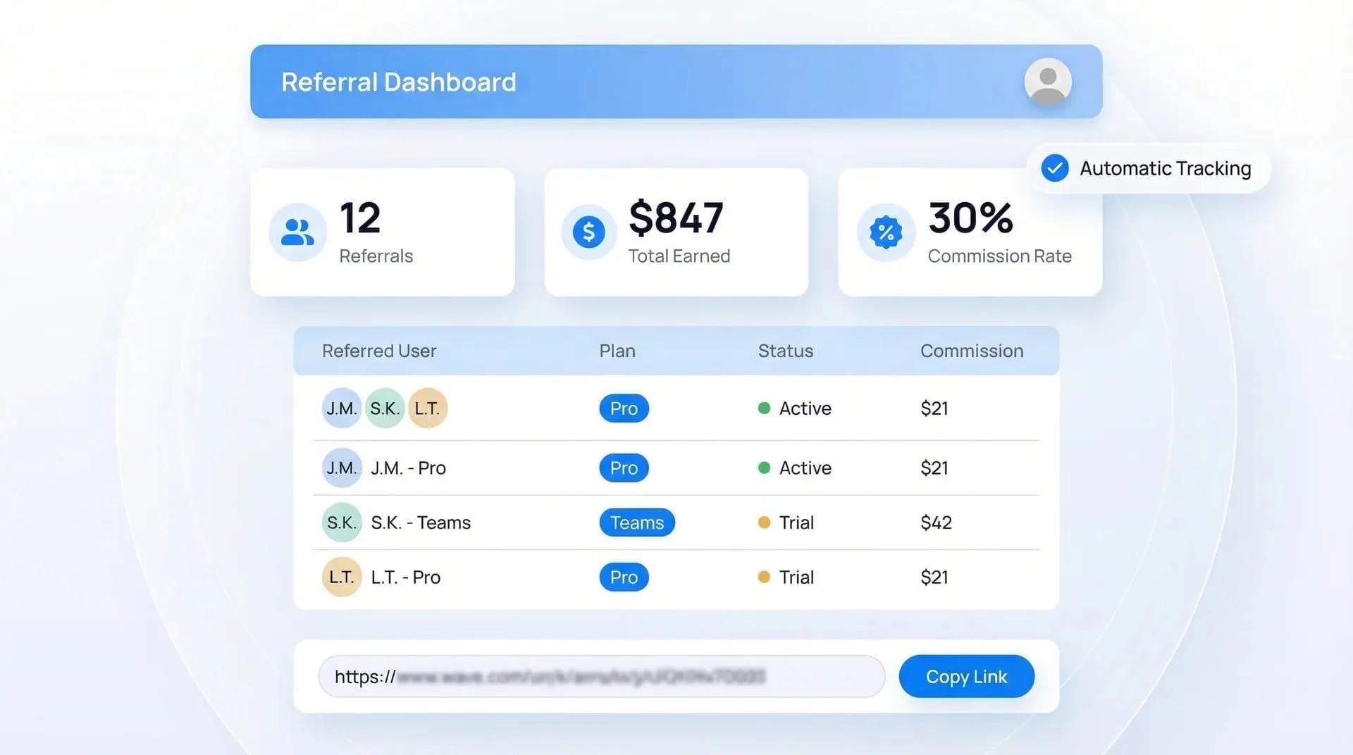 Panel del programa de referidos de Wave Connect con el seguimiento de comisiones y estadísticas de cobros