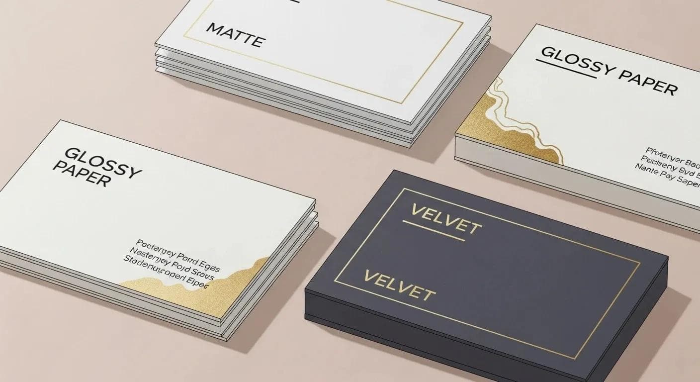 Elegante Papierstrukturen für Visitenkarten im Detail: Matt, Glänzend, Soft-Touch, Goldfolie und Prägung.