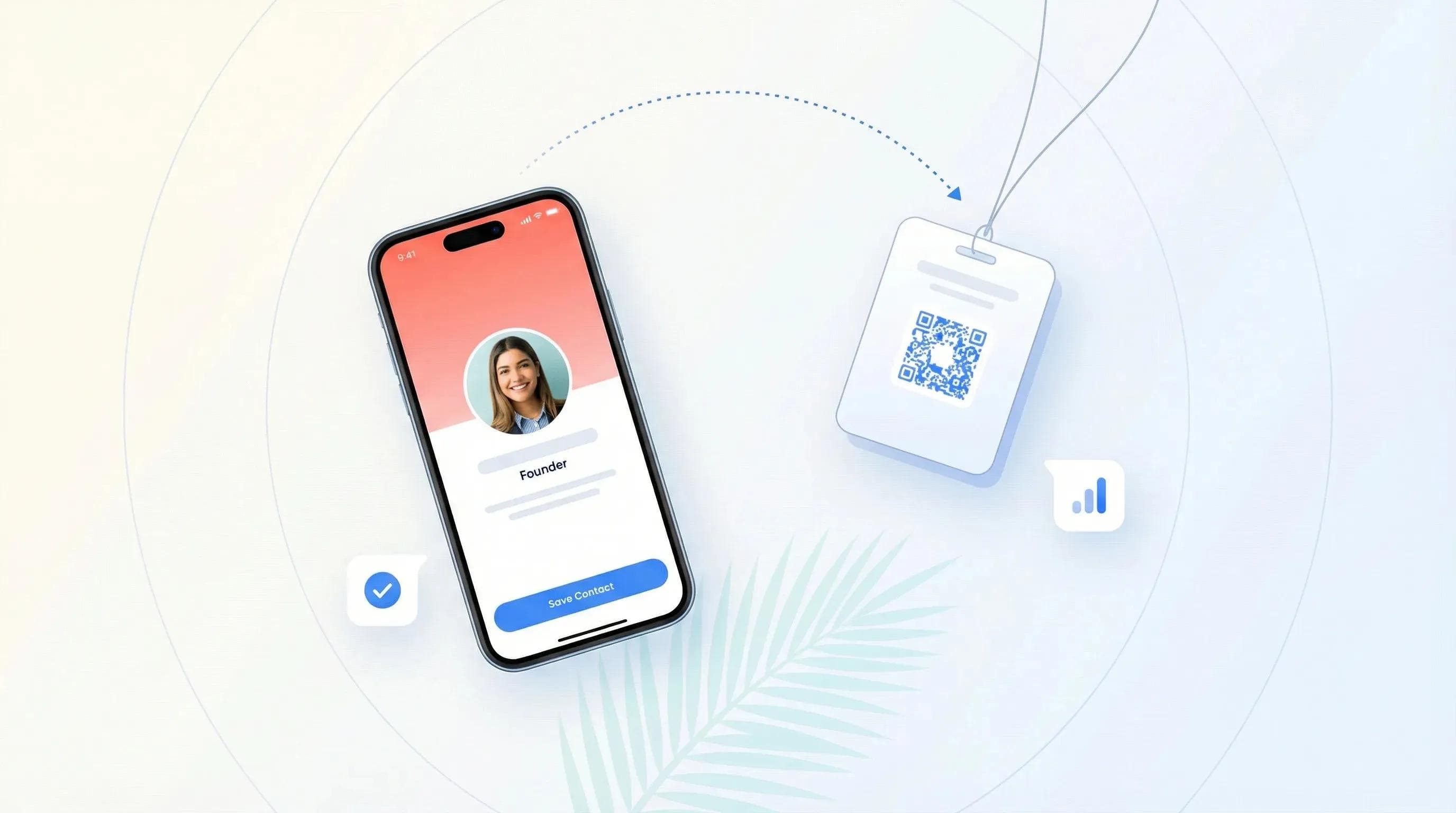 Digital business card with conference badge showing contact exchange at tech event