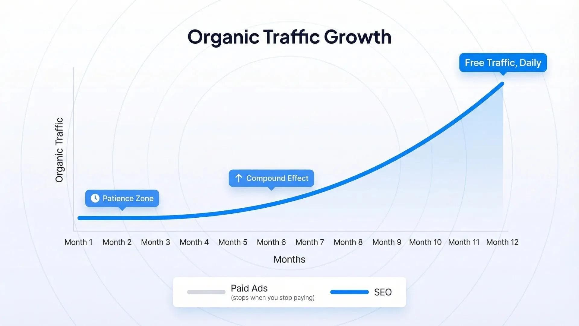 Grafico della crescita progressiva della SEO che mostra l'incremento del traffico organico nell'arco di 6-12 mesi