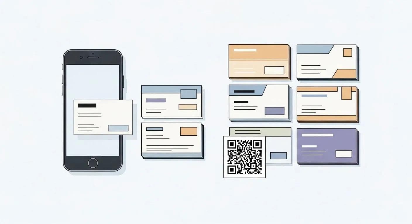 Visitenkarten für Anwälte: digital (Smartphone), Papierstapel (verschiedene Texturen), gut sichtbarer QR-Code. Professionelles, klares Design.