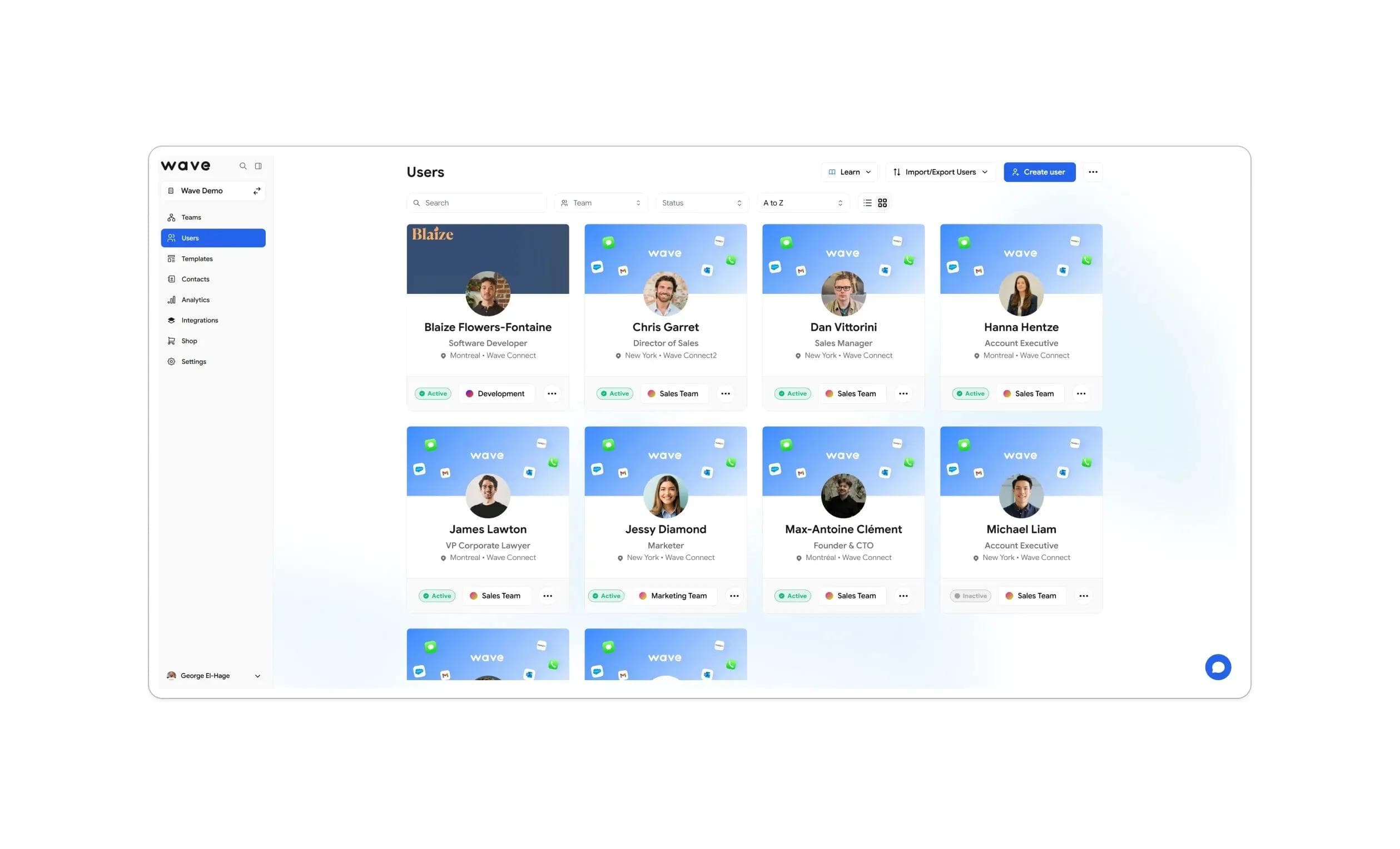 لوحة إدارة المستخدمين في Wave Connect بتخطيط شبكي مرئي للبطاقات