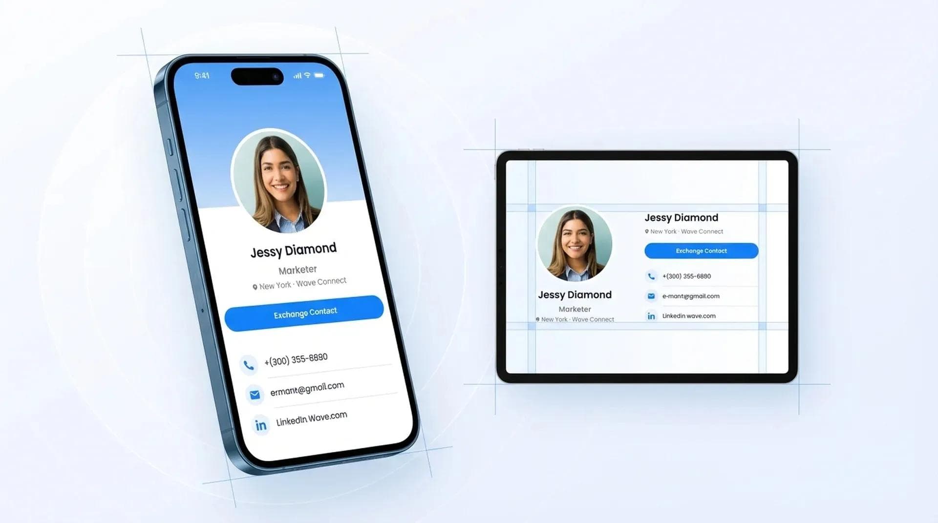 Mobile-First-Design einer digitalen Visitenkarte auf Smartphone und Tablet