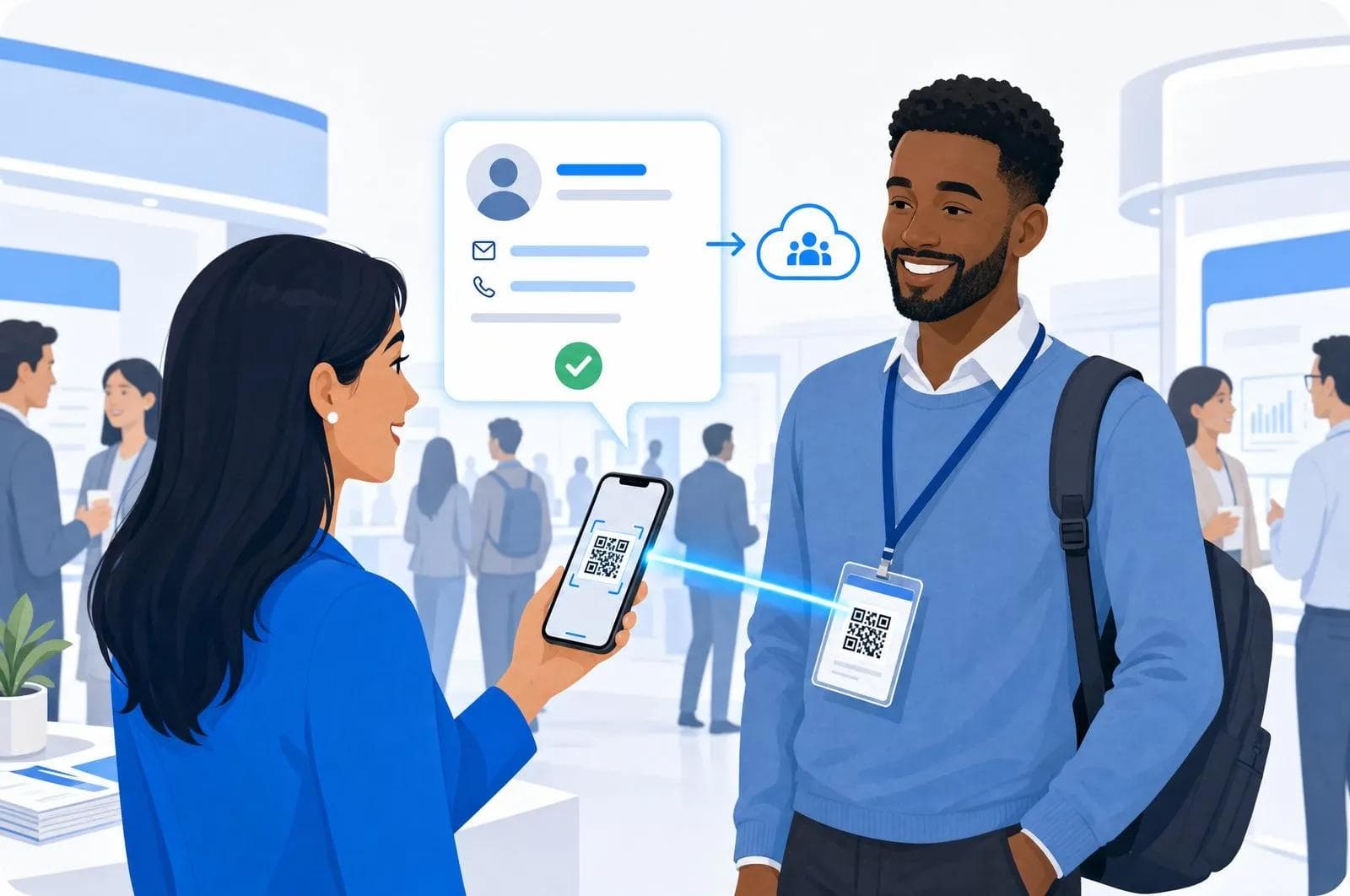 Aussteller scannt Teilnehmer-Badge mit dem Smartphone am Messestand, während der angereicherte Kontakt ins CRM synchronisiert wird