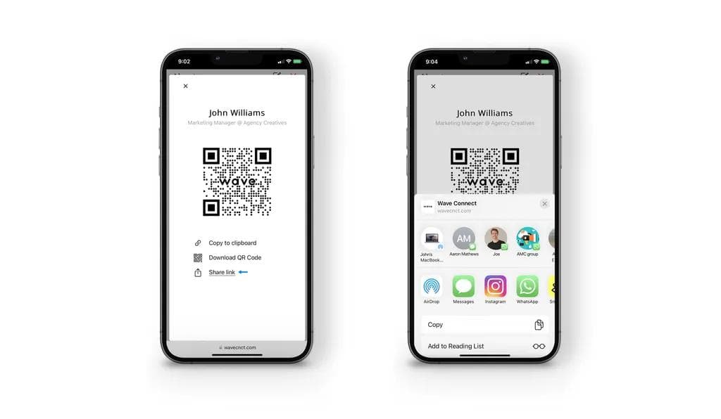 Opções de compartilhamento do cartão de visita digital