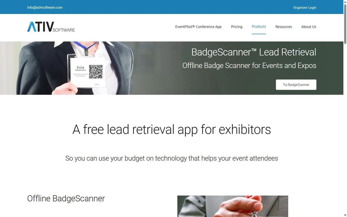 Lead-Retrieval-Seite des Ativ BadgeScanner (Juli 2026)