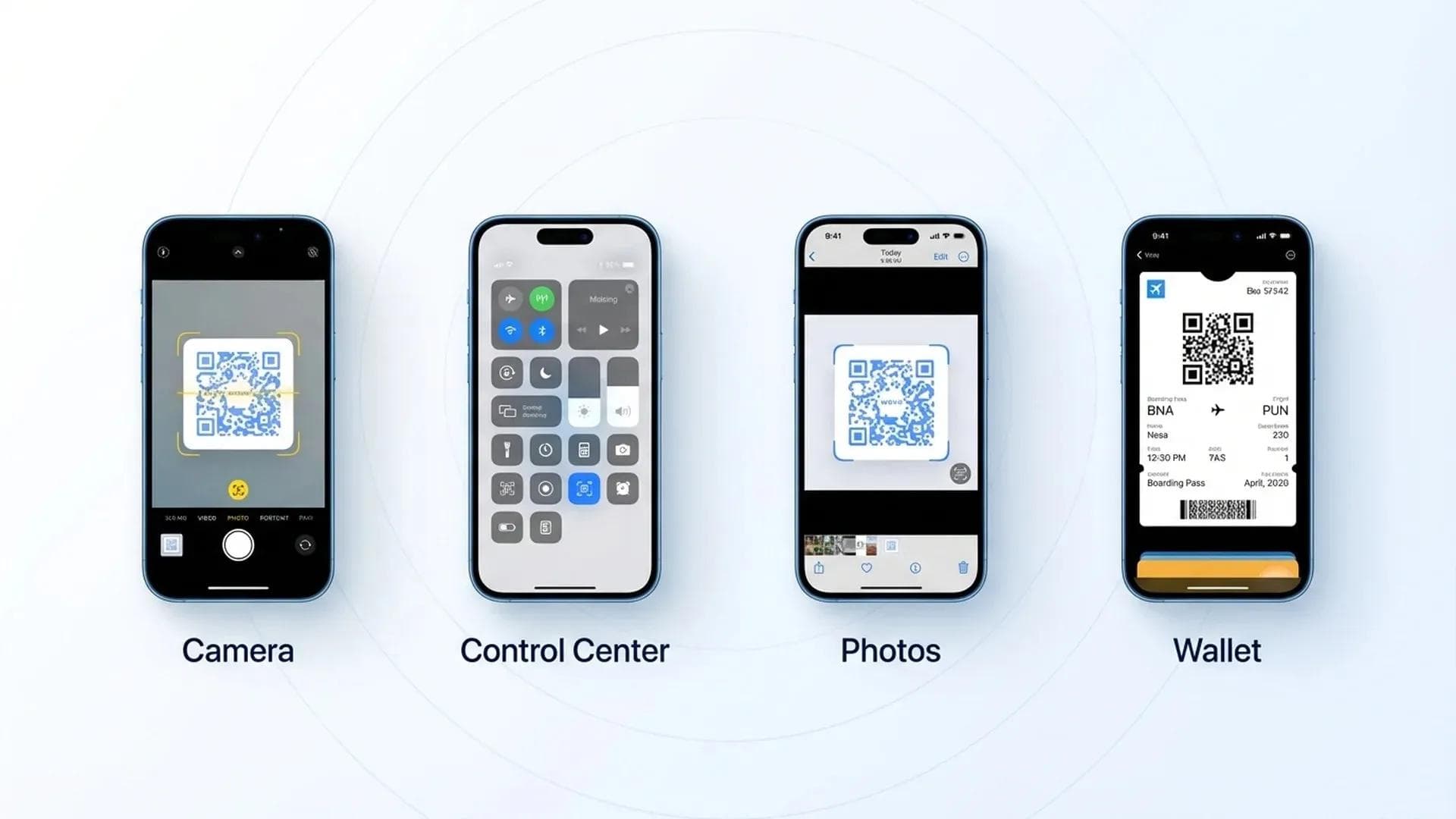 أربع طرق لمسح رموز QR على iPhone: تطبيق الكاميرا، ومركز التحكم، وتطبيق الصور، وتطبيق المحفظة