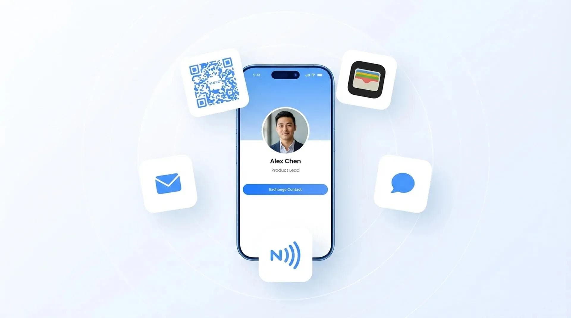 Verschiedene Möglichkeiten zum Teilen Ihrer digitalen Visitenkarte inklusive QR-Code und Apple Wallet