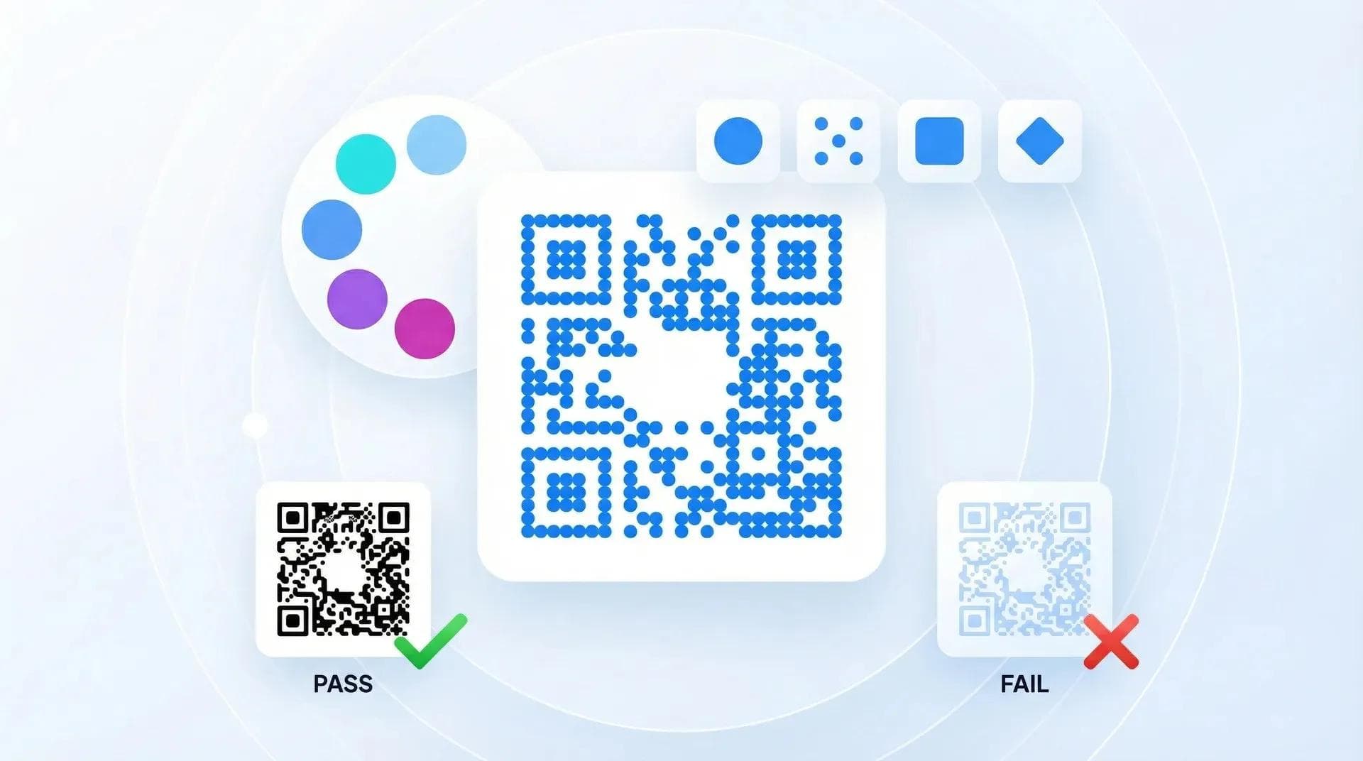 Dicas de design de QR code mostrando paleta de cores, formatos de pontos e exemplos de contraste