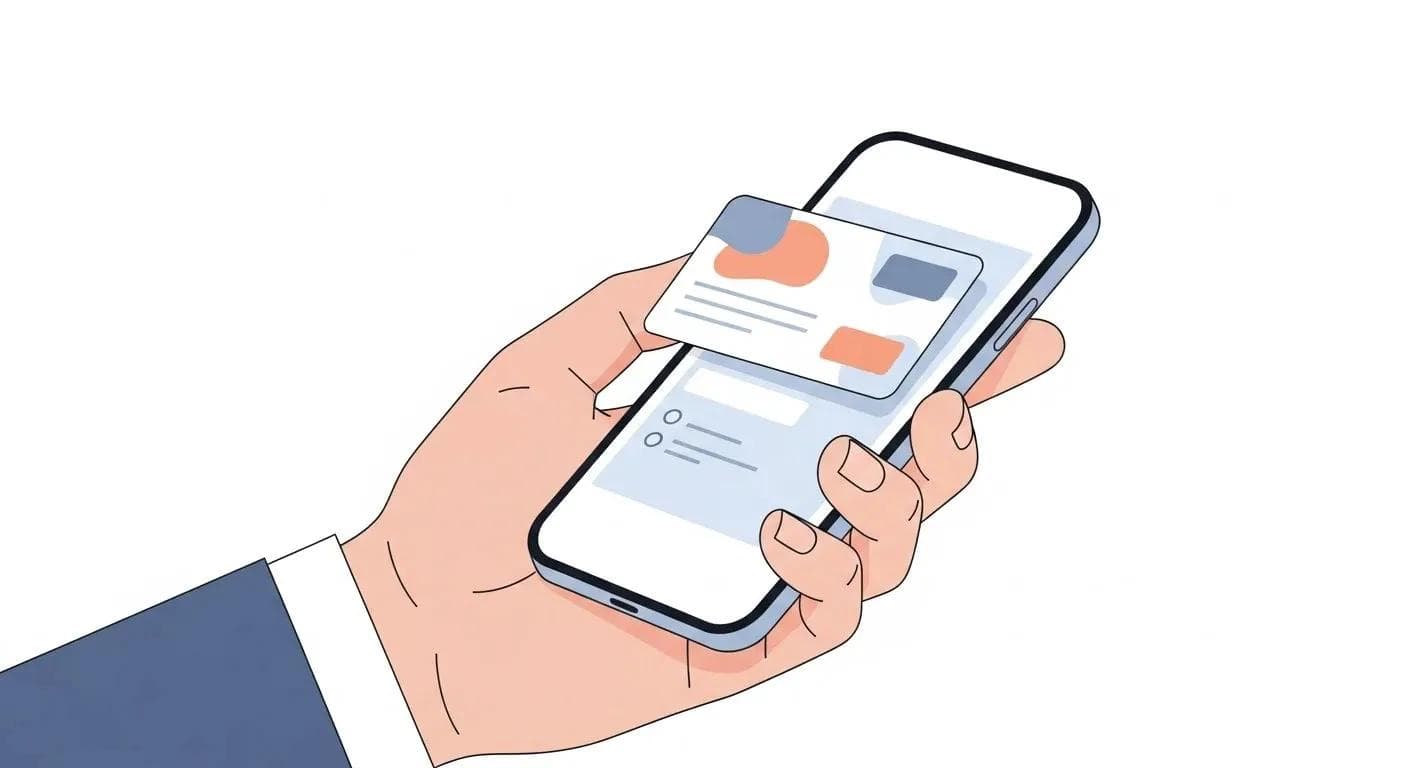 Flache Illustration: Digitale Visitenkarte eines Anwalts auf einem Smartphone. Klares, minimalistisches SaaS-Interface.