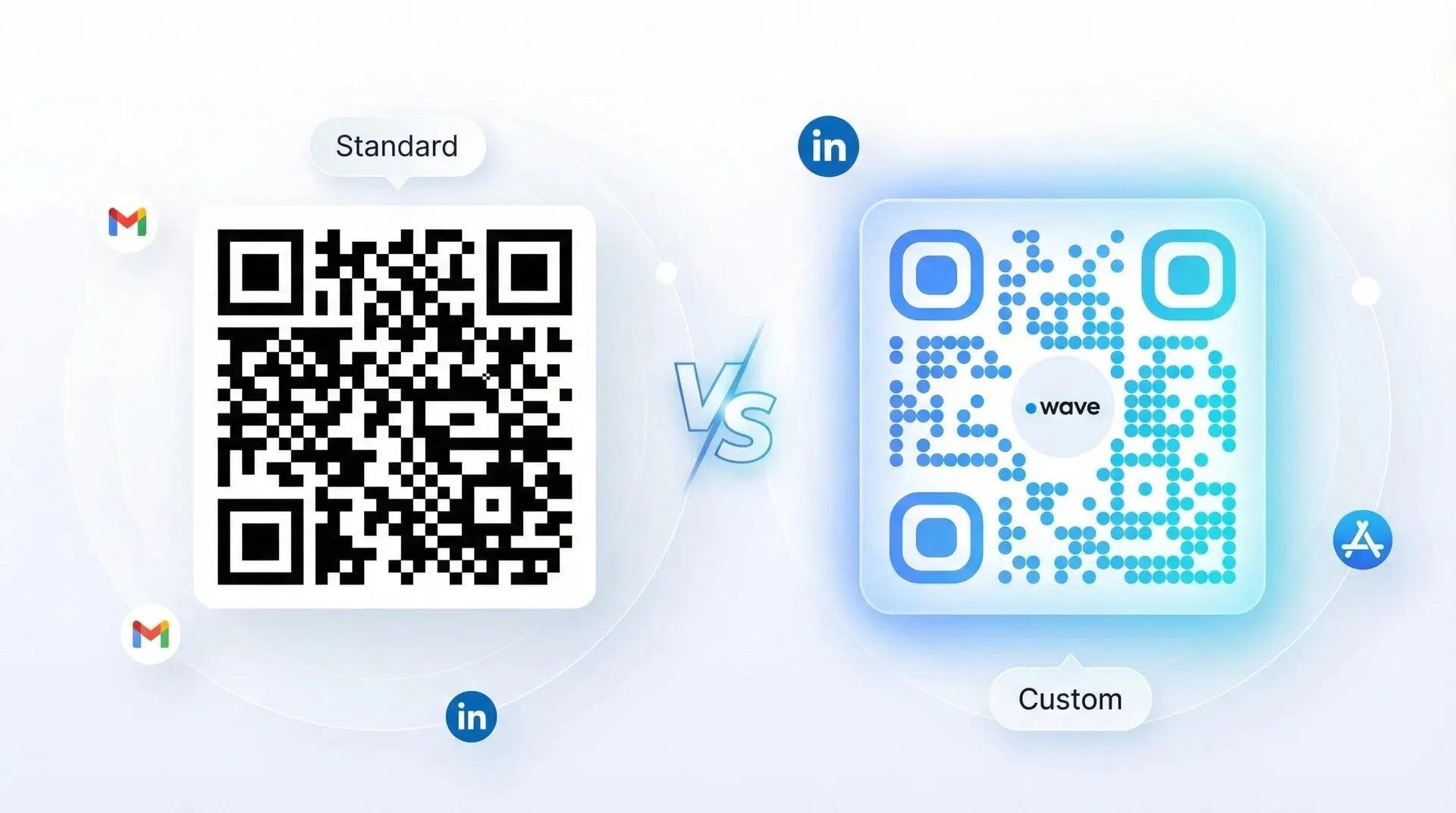 QR code padrão em preto e branco comparado a um QR code personalizado com identidade de marca