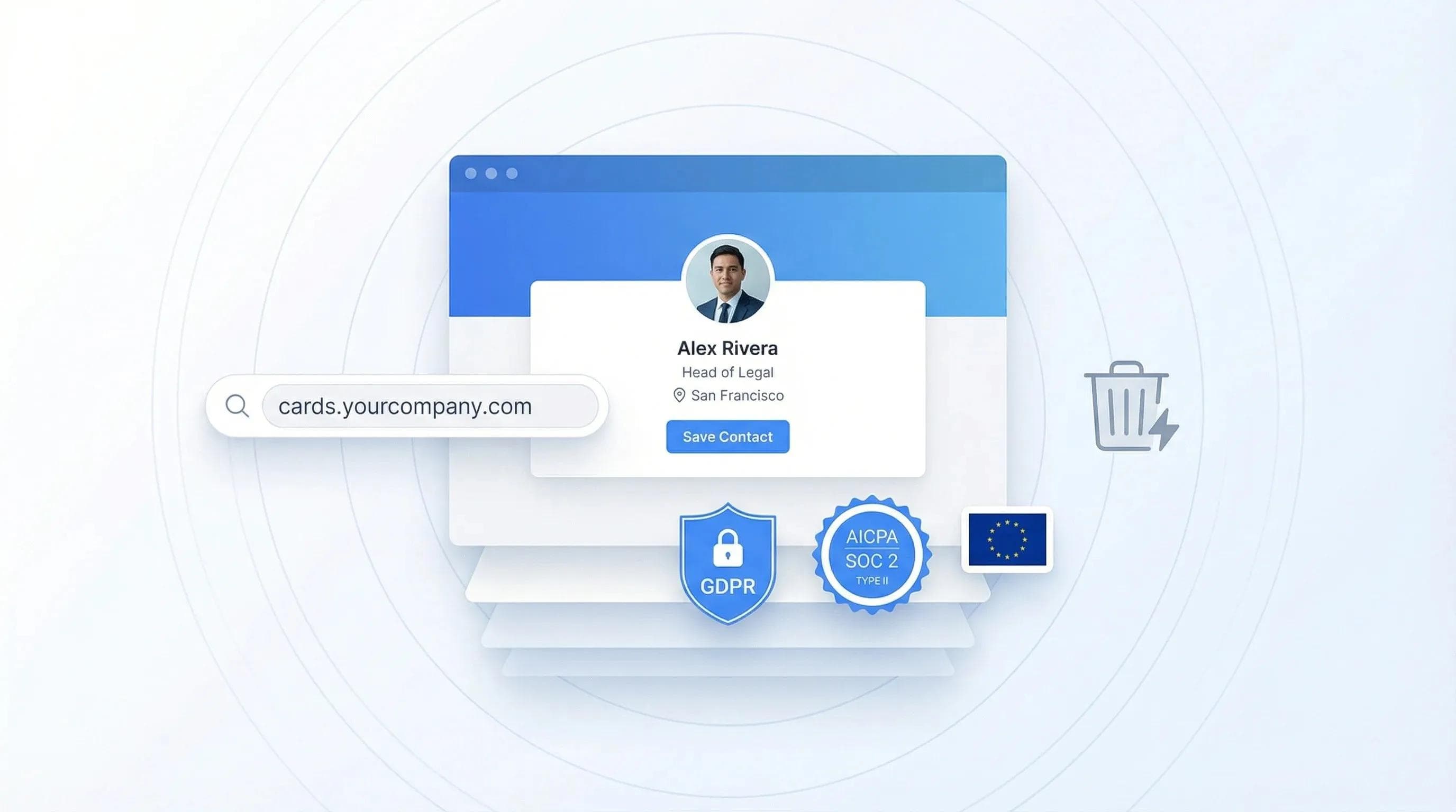 Plateforme de cartes de visite numériques conforme au GDPR avec certification SOC 2 et domaine en marque blanche