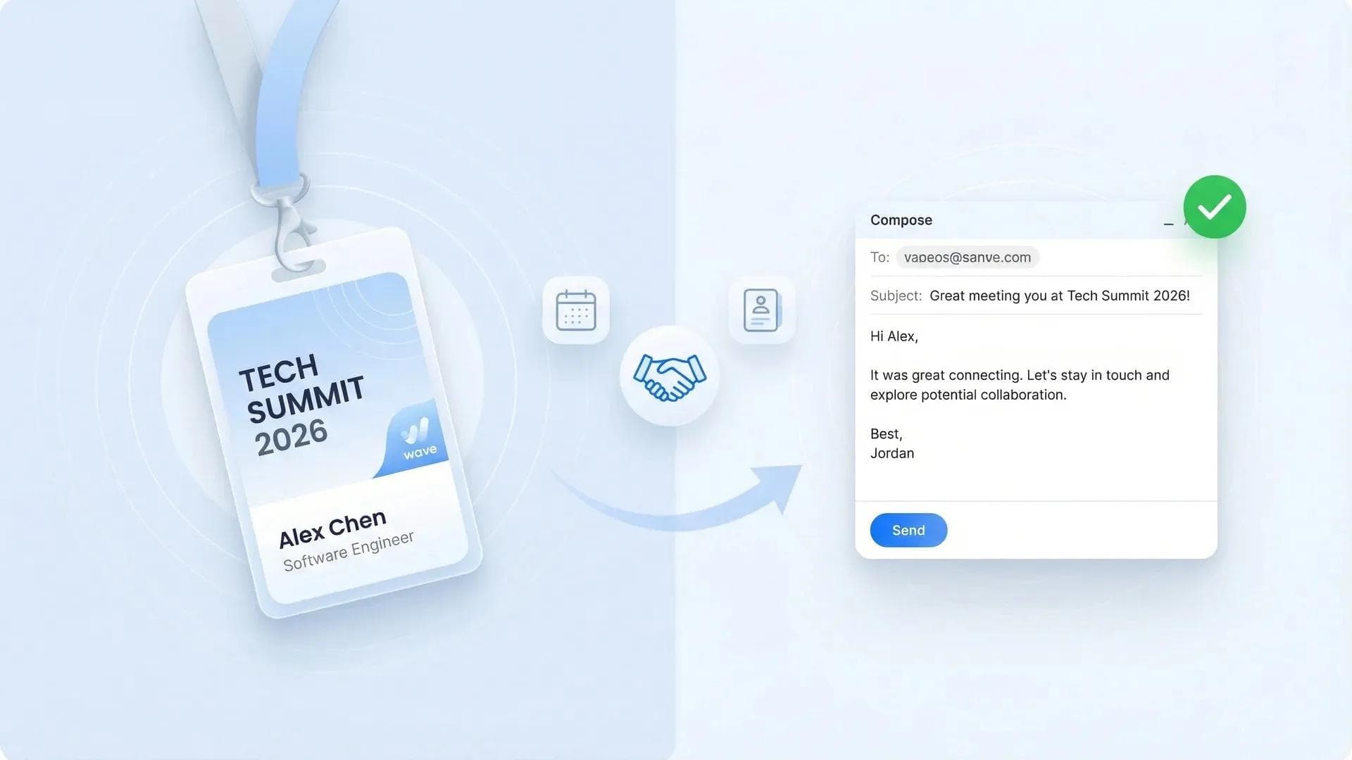 Badge de conférence connecté à une fenêtre de rédaction d'e-mail illustrant le suivi après un événement