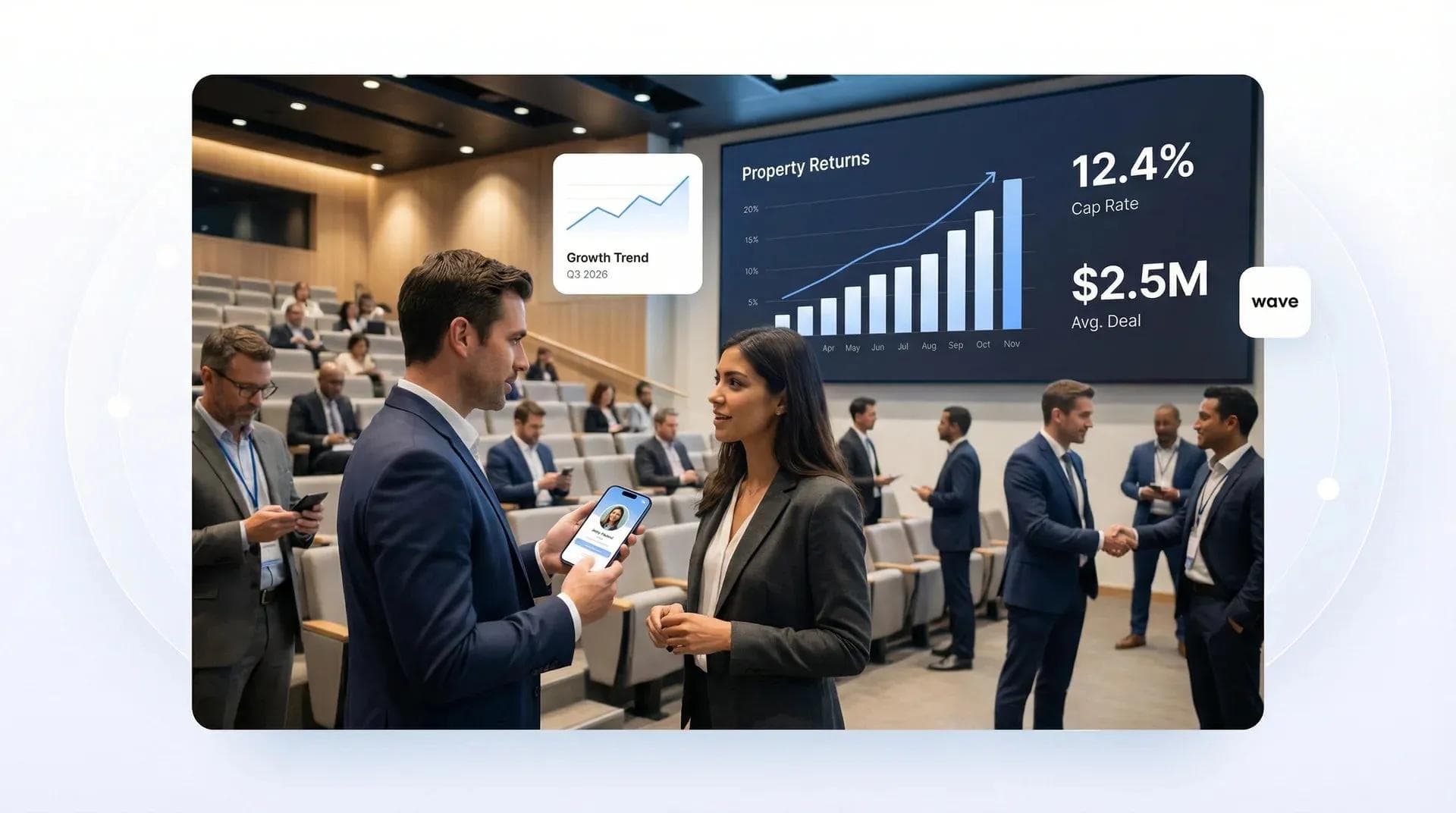 Real estate investing summit presentation with digital networking and contact sharing