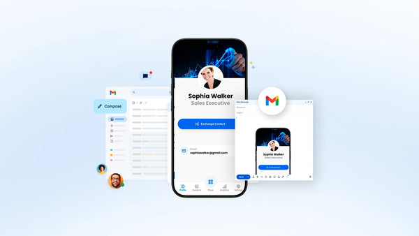 Digital business card for Sophia Walker, Sales Executive, displayed on a smartphone.