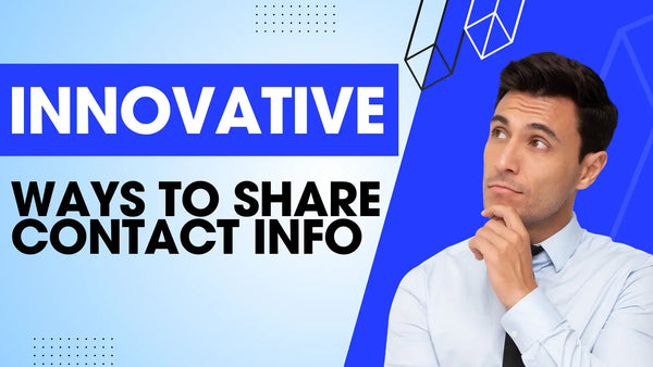 A professional looking at text saying innovative ways to share contact info.