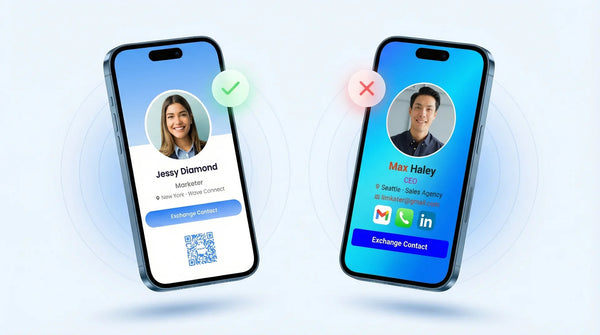 An image of a good digital business card on the left and a bad digital business card on the right.