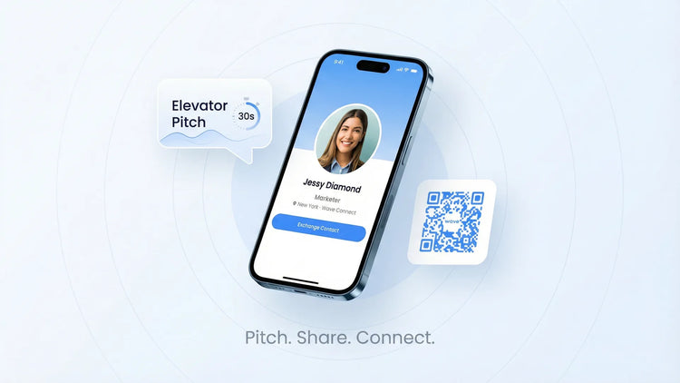 Elevator pitch examples - phone showing digital business card with 30-second pitch timer