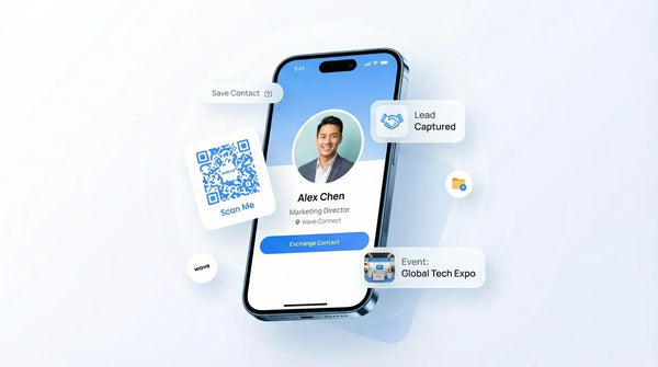 Digital business card with trade show icons.