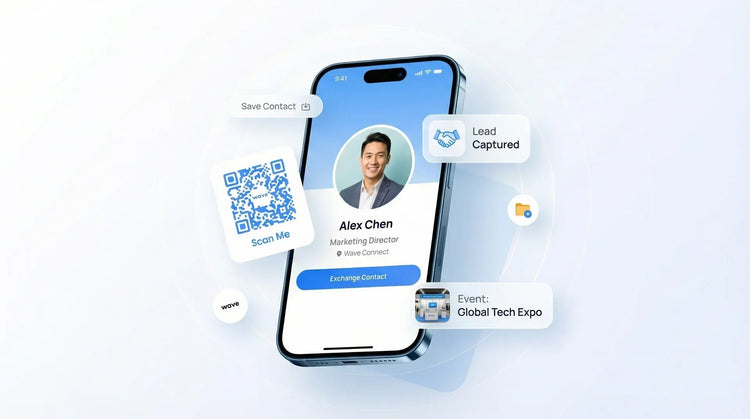 Digital business card with trade show icons.