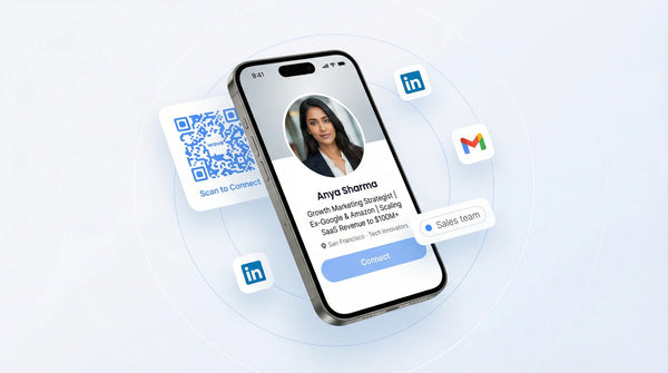 LinkedIn headline examples organized by profession showing a digital business card on a phone with LinkedIn icons