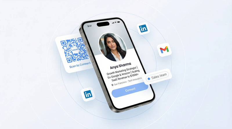 LinkedIn headline examples organized by profession showing a digital business card on a phone with LinkedIn icons