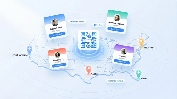 Technology conferences with digital business cards placed on a map with a QR code in the center.