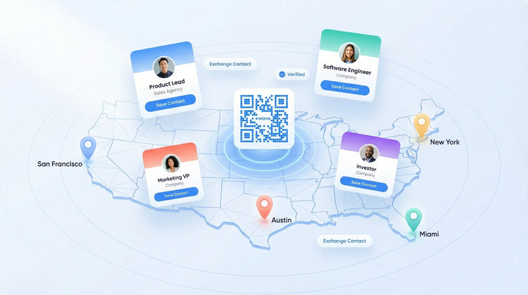 Technology conferences with digital business cards placed on a map with a QR code in the center.