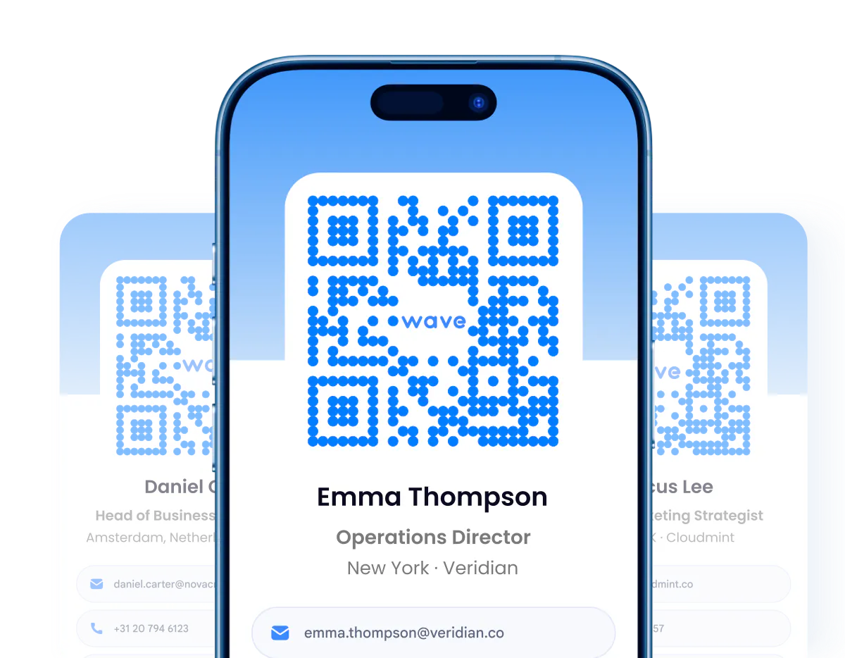 Phone screen displaying a digital business card with a QR code and contact information.