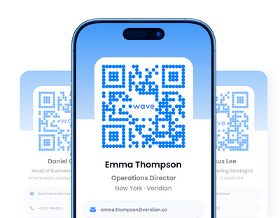 Phone screen displaying a digital business card with a QR code and contact information.