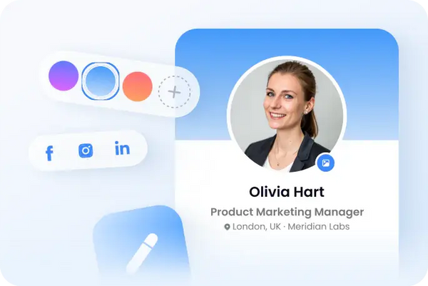 Professional profile card of Olivia Hart, Product Marketing Manager, with contact icons and a photo on a light blue background.