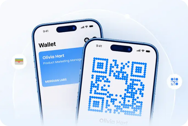 Two smartphones displaying a QR code on a light blue background