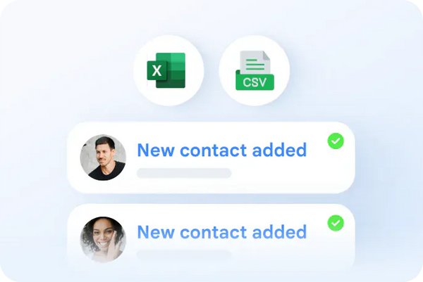 Notification of new contacts added with contact icons and file types on a light blue background