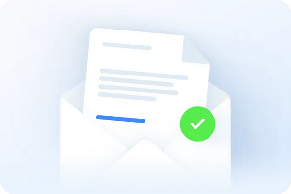 Icon of a document with a blue underline and green check mark on a light blue background