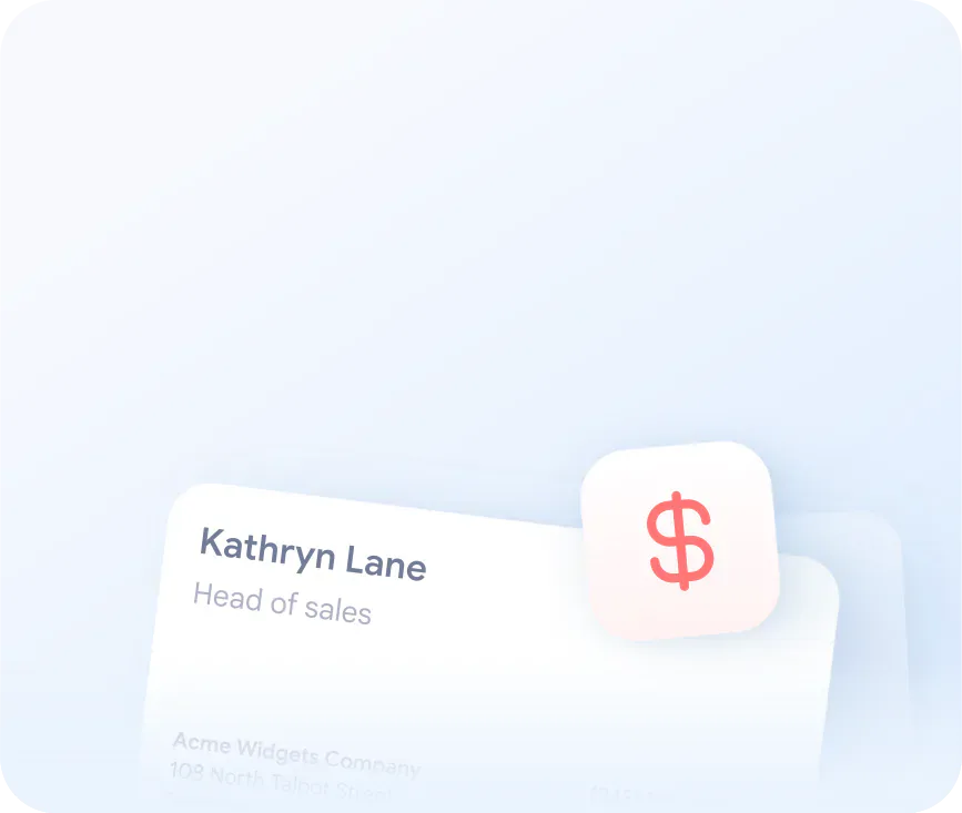 Business card with name 'Kathryn Lane' and title 'Head of sales' on a light blue background