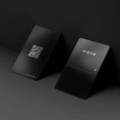 the front and back of a Wave Connect Metal NFC Card