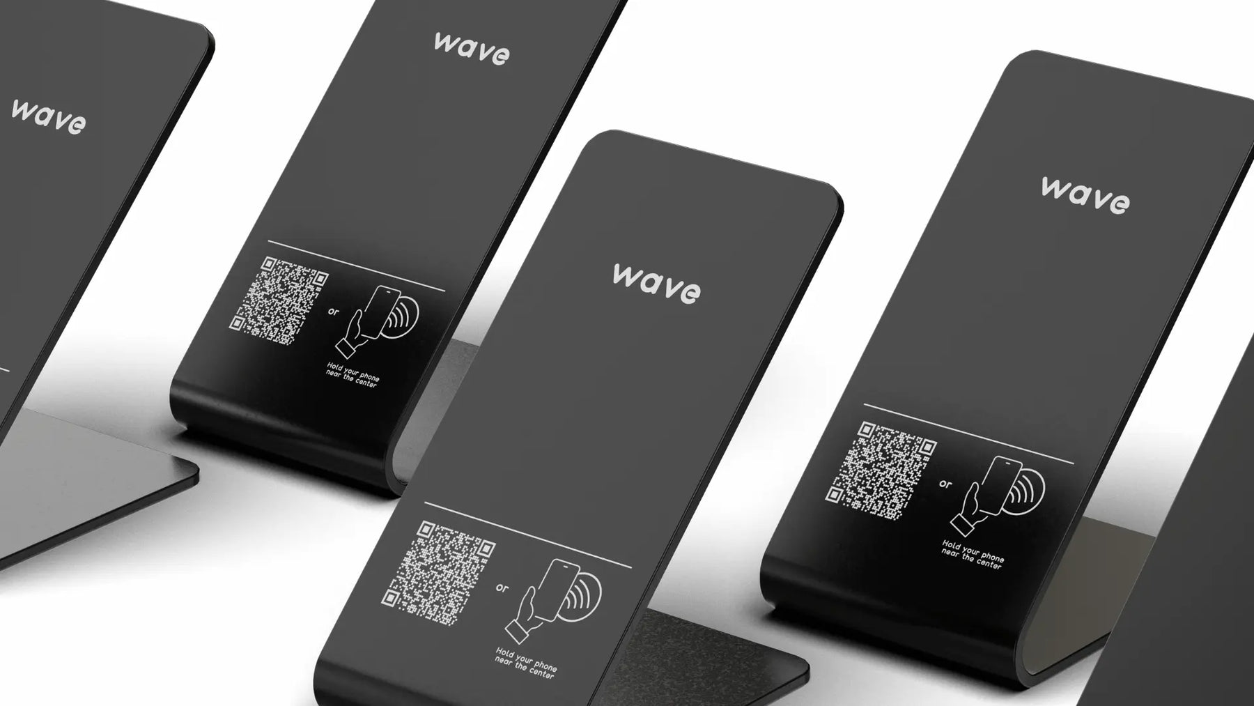 wave nfc stands with a qr code