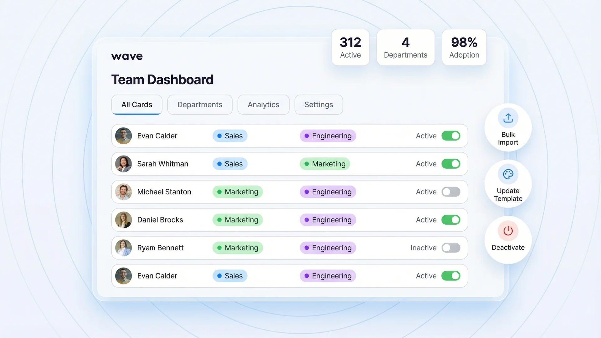Centralized admin dashboard for managing digital business cards across organization